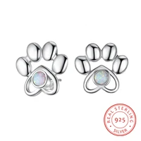 cute paw stud earrings with opal stone 925 sterling silver animal dog footprint stud earrings small earrings fine jewelry