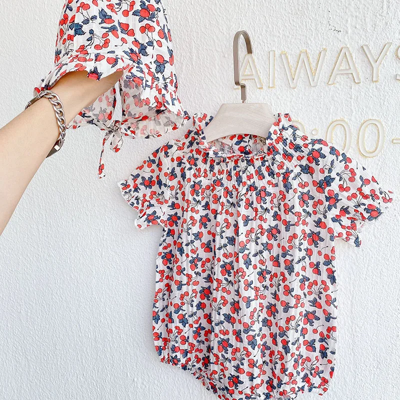 

New Cute Baby Girl Short Sleeve Cherry Printing Rompers Summer Baby Girl Rompers Baby Kids Girl Newborn Rompers Clothes