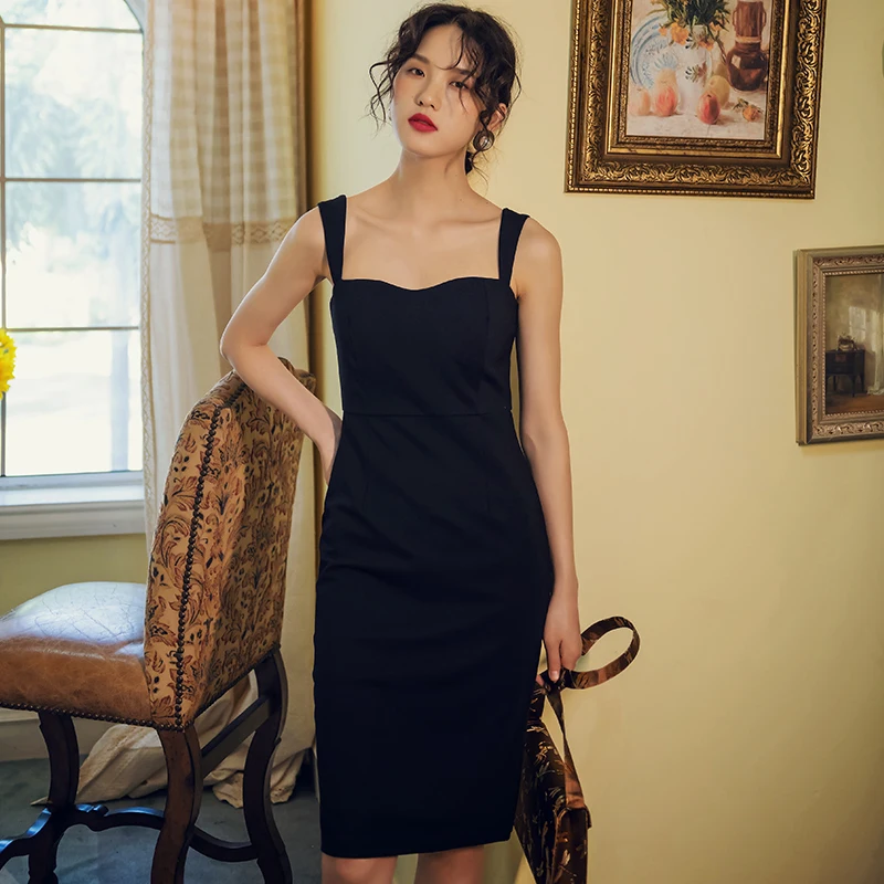 

Fashion women new arrival sleeveless black sexy dress casual vintage party high quality Spaghetti Strap lovely pencil dress