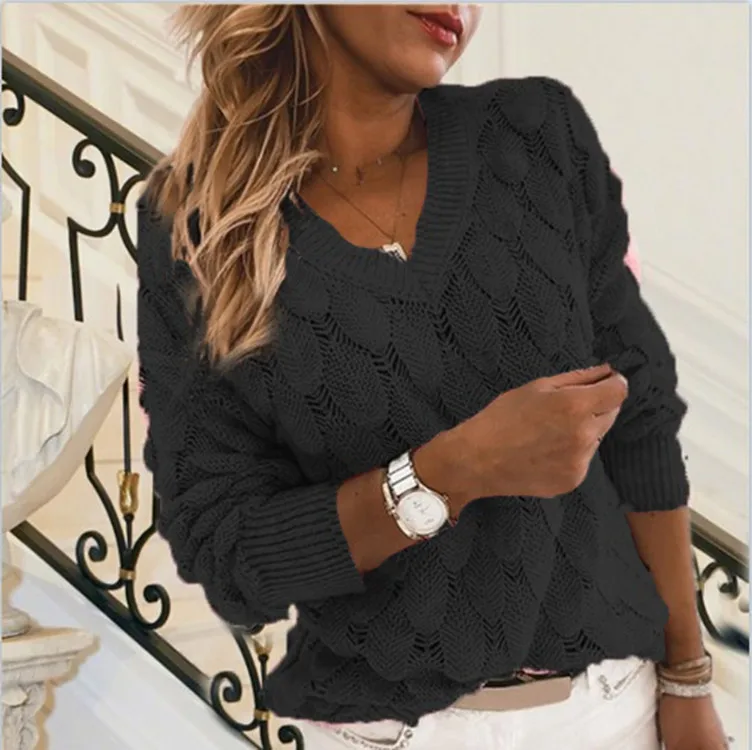 Женский однотонный вязаный свитер с V-образным вырезом Модный женский