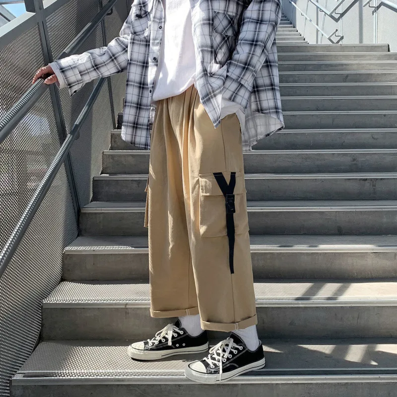 

Spring Summer Cargo Pants Men's Fashion Retro Pocket Casual Pants Men Streetwear Hip-hop Straight Wide Leg Pants Mens Trousers