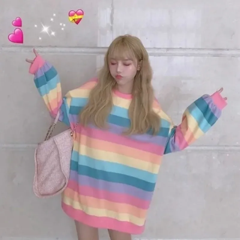 

Harajuku Kawaii Rainbow Sweatshirt Women Clothing Spring O-Neck Plus Size Long Thin Sweatshirts Pullover Girl Sweet Streetwear