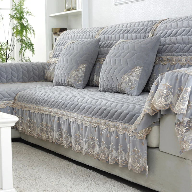 

Embroidered Sofa Cover Plush Solid Color With Lace Thickening Non-Slip Sofa Combination Sofa Towel