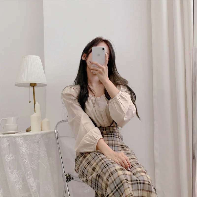 Faldas A cuadros para mujer, traje de camisa azul, Falda larga de cintura alta, trajes de dos piezas