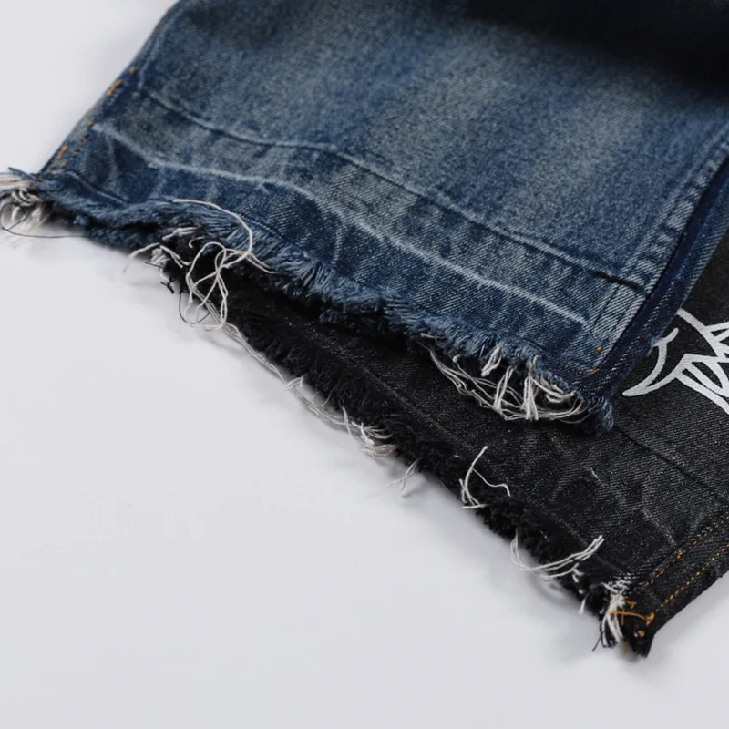 

Jeans Men Chinese Dragon Punk Printed Denim Pants Color Block Straight Trousers Harajuku High Street Hipster Streetwear