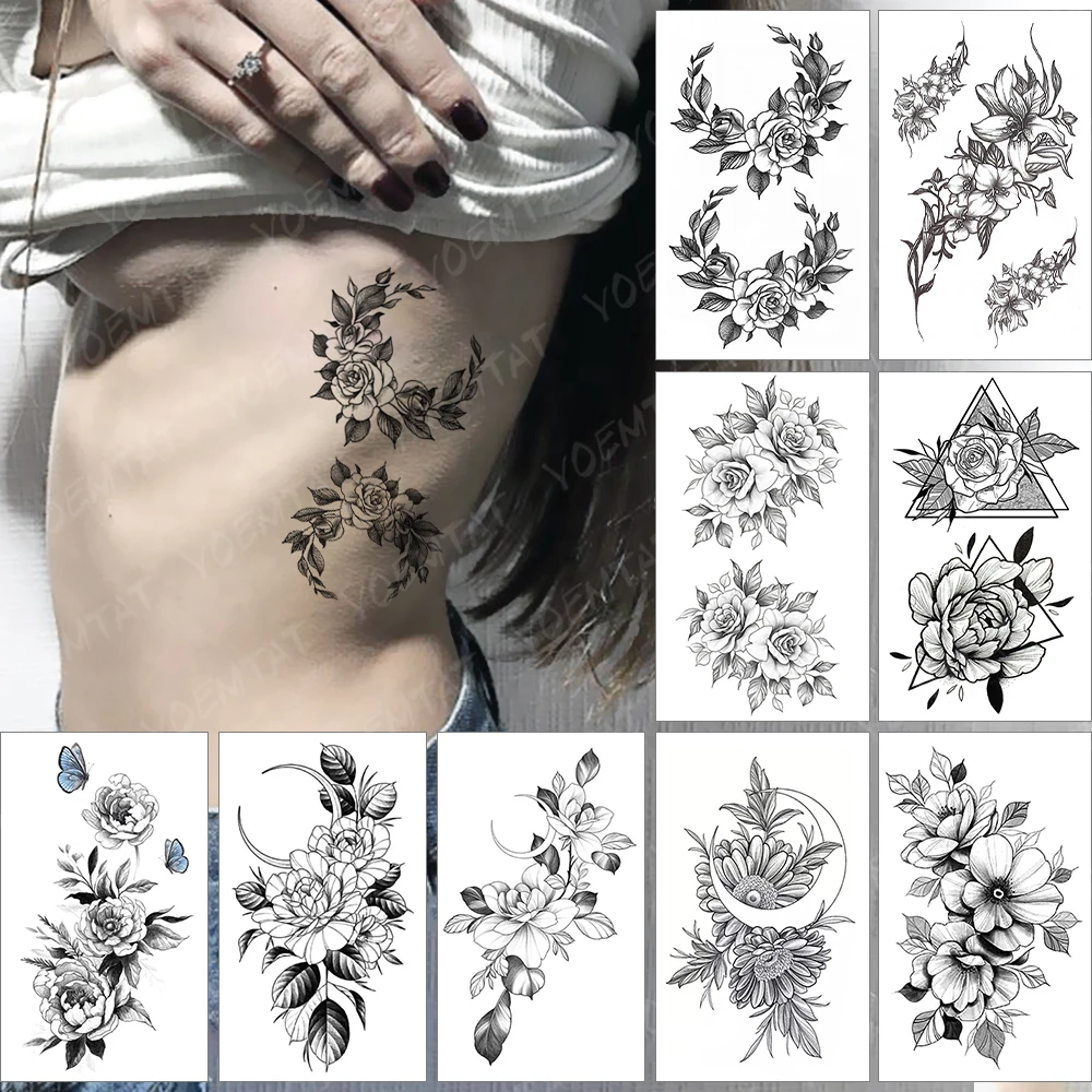 

Waterproof Temporary Tattoo Sticker Female Tatto Male Rose Flower Peony Waist Wreath Realistic Body Art Tato Sexy Tatoos