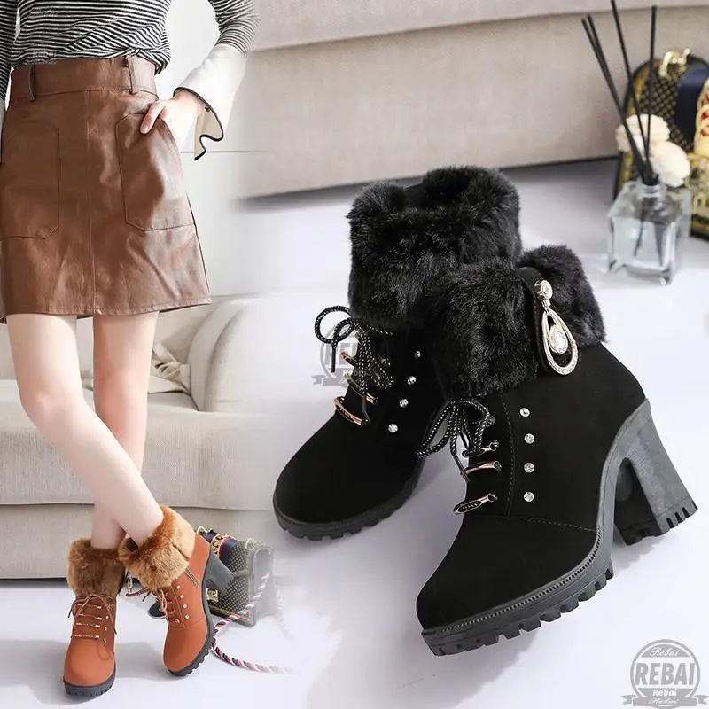 

High Heel Winter Shoes Women Boots Fashion Women's Plush Warm Fur Ladies Brand Ankle Crystal Winter Boots Women Botines Mujer