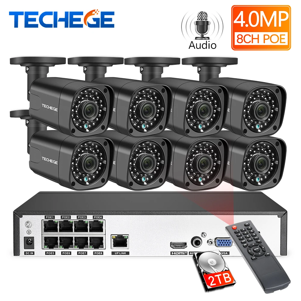Techege H.265 8Ch 4MP POE NVR CCTV камера системы 4MP POE ip-камера 2560*1440 Открытый водонепроницаемый комплект видеонаблюдения