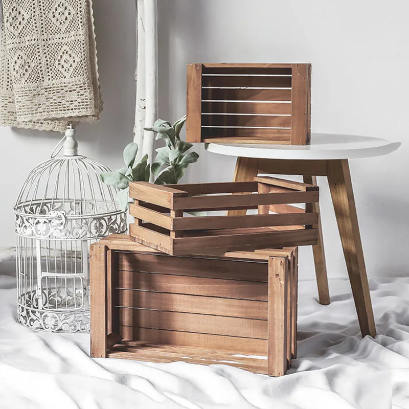 

Прямоугольный ящик для хранения в скандинавском стиле, деревянный ящик для ящика, ящик для фруктов из массива дерева с полосками, ремесла ру...