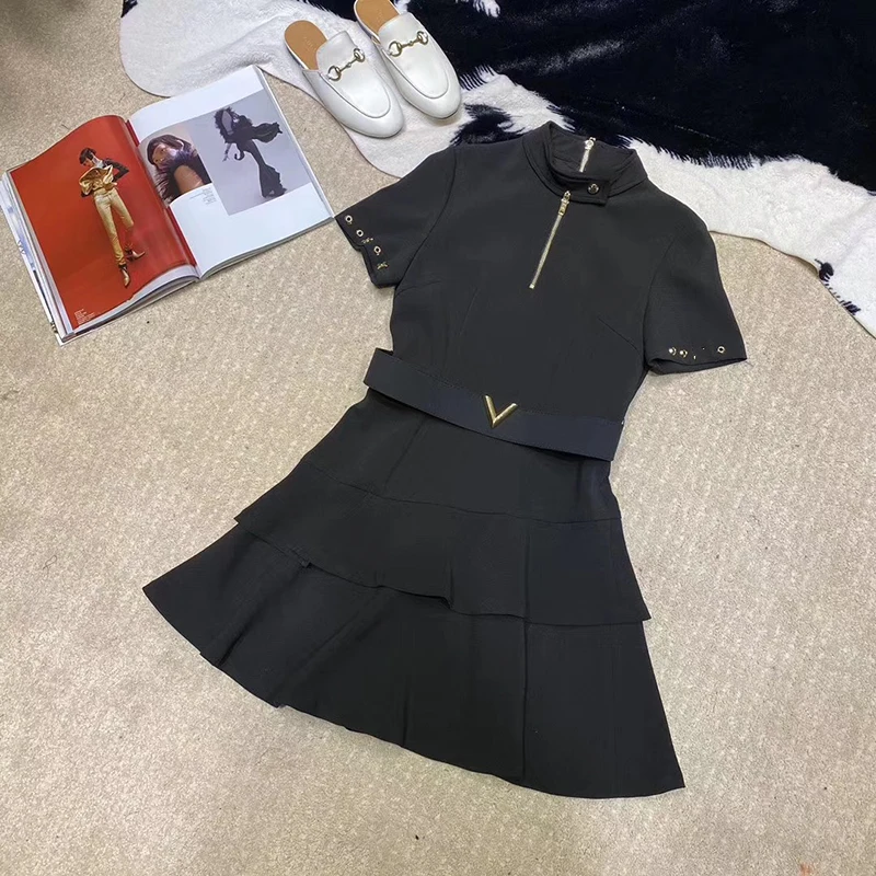 Женское черное платье осень короткий рукав оборки Бохо Мини платья o образным