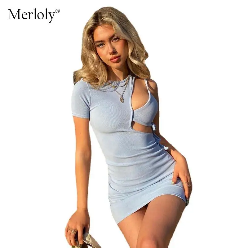 

Fashion Short Sleeve Irregular Hollow Women's Summer Dress Solid Slim Mini Dresses Sexy Party Nightclub Dating Dress