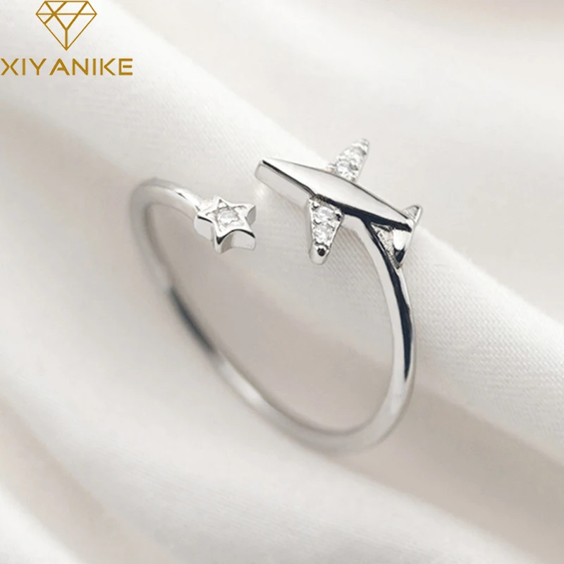 

XIYANIKE Silver Color 2021 New Zircon Airplane Five-pointed Star Opening Ring For Women Sweet Romantic Jewelry All-Match