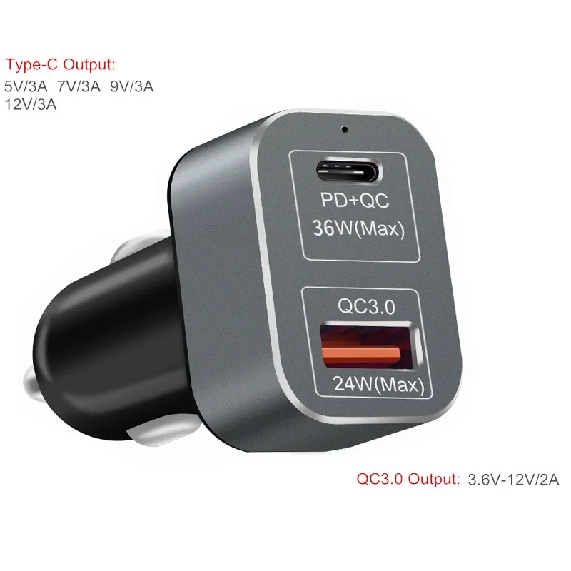 Автомобильное зарядное устройство с 2 портами USB + Type C PD 36 Вт Тип Быстрая