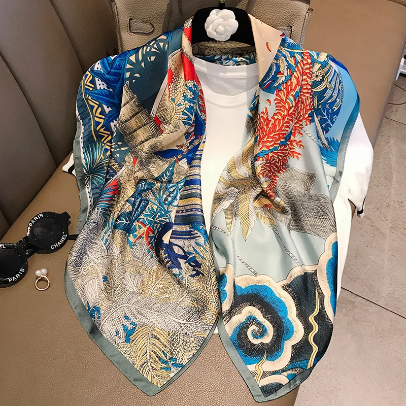 

Модные Саржевые шелковые шарфы для женщин, квадратные шали, палантины, большой хиджаб, женский шарф, 90 см * 90 см, Роскошные зимние шарфы для же...