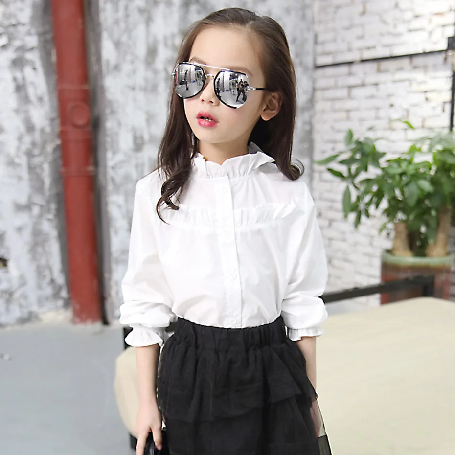 Блузка для девочек однотонная белая блузка с оборками рубашки длинными рукавами