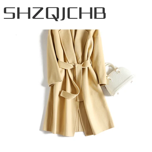

Женское длинное шерстяное пальто SHZQ, элегантное винтажное пальто из 100%-ной шерсти, Корейская Повседневная куртка с поясом, сезон зима-весна,...