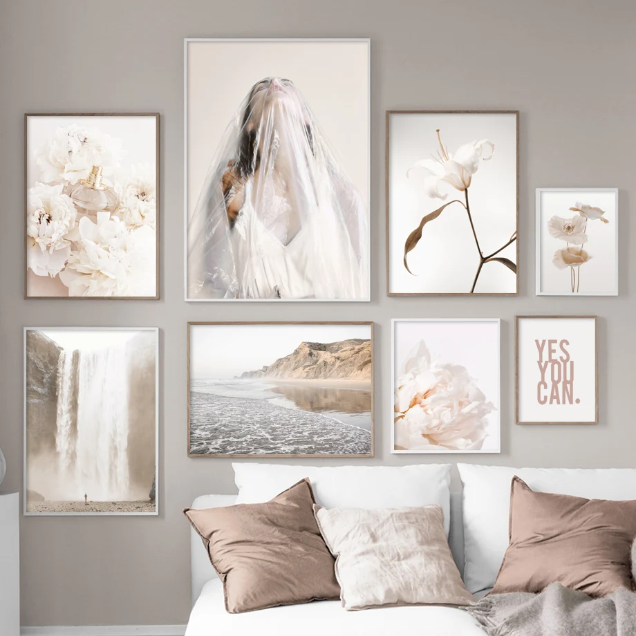 

Waterfall Beach Girl Peony Flower Perfume Wall Art Canvas Painting Nordic Posters And Prints Wall Picturs For Living Room Decor