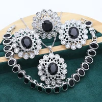 luxurious black topaz silver jewelry set for women birthday bracelet earrings necklace ring wedding christmas free gift box