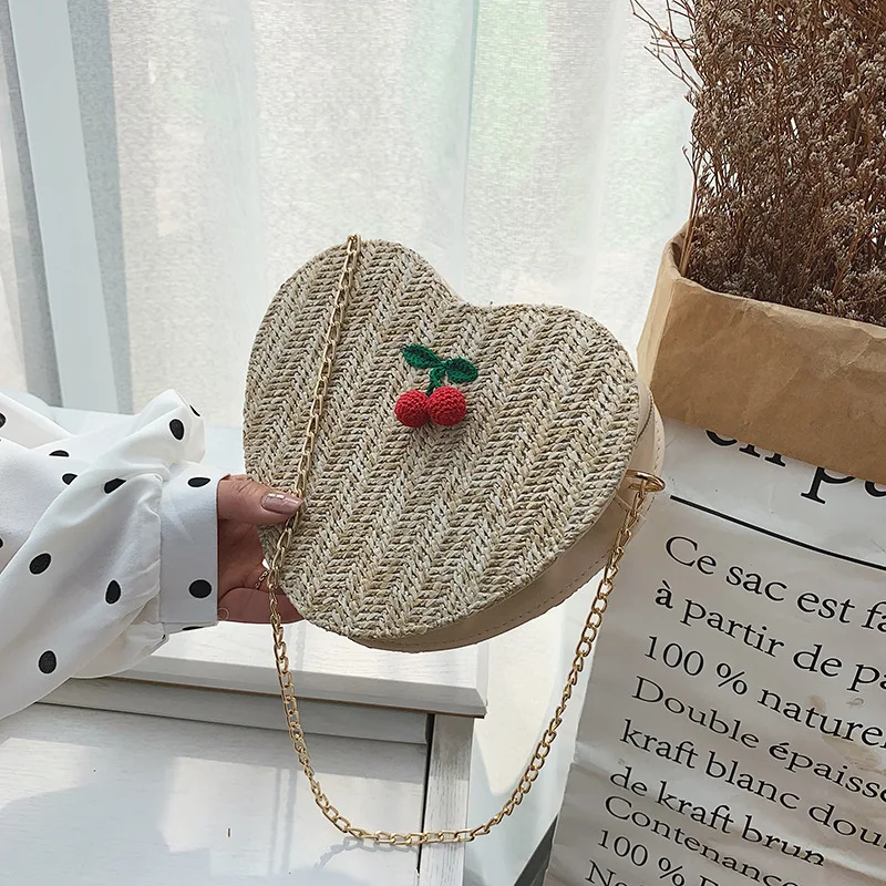 

2020 Summer Boho Female Crossbody Bags Handmade Straw Weave Heart Handbags Cute Cherry Decorate Women Messenger Should Bagsbags