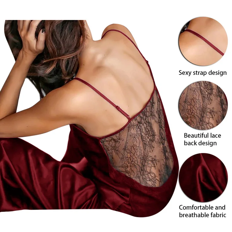 

Black Backless Home Suit For Women Pajama Lace Sexy Sleepwear Satin Spaghetti Strap Pajamas With Pants Intimate Lingerie 2021