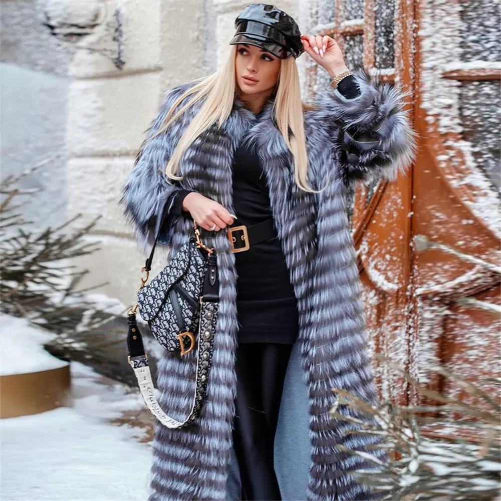 120cm X-long Real Silver Fox Fur Coat With Round Collar Winter New Trendy Genuine Leather Natural Silver Fox Fur Coats Female