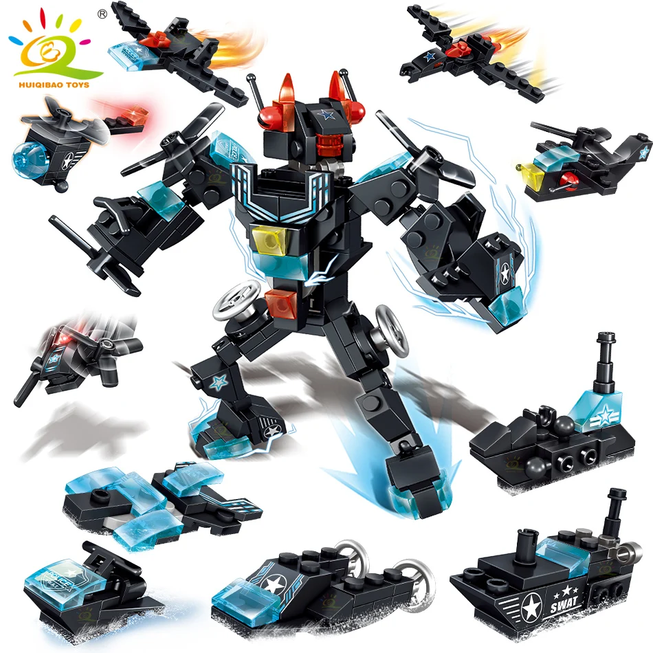 

HUIQIBAO 164PCS 10in1 City Police Robot Building Blocks Policeman Car Plane Truck Model Bricks Set Educational Toys for Children