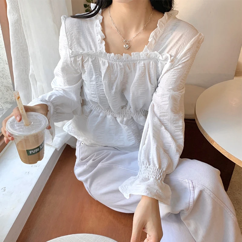 

2020 Women 's Blouse Autumn Korean Style Vintage Blouse Shirt Minimalist Square Collar Long Sleeve Pleasted Pullovers Tops