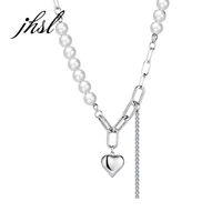 jhsl women necklaces heart pendants simulated pearl silver color fashion jewelry girlfriend birthday gift stainless steel chain