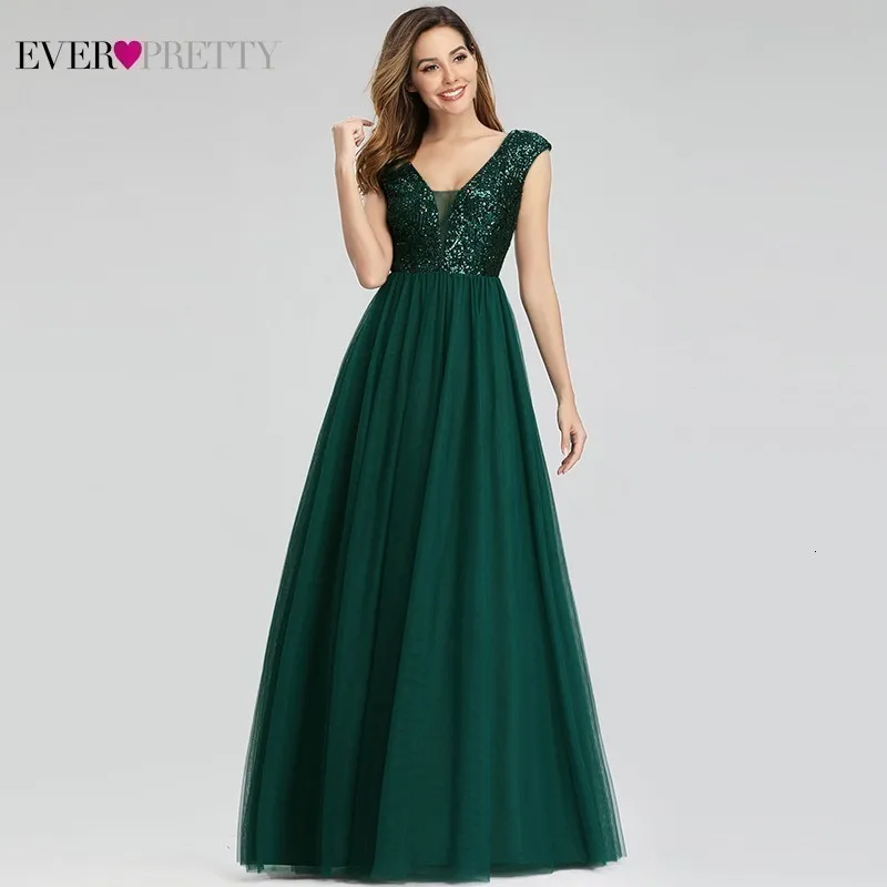 Vestido Madrinha Ever Pretty Dark Green Sequined Bridesmaid Dresses A-Line V-Neck Sleeveless Formal Dresses For Wedding Party