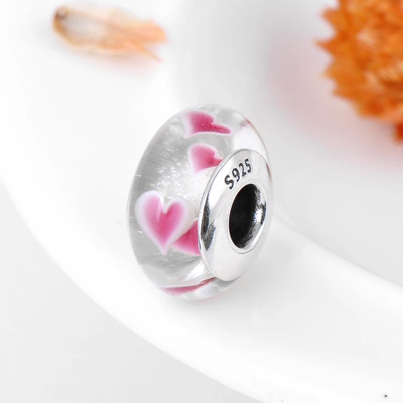 Бусина Шарм из серебра 925 пробы с розовыми сердечками|Ювелирные шармы| |