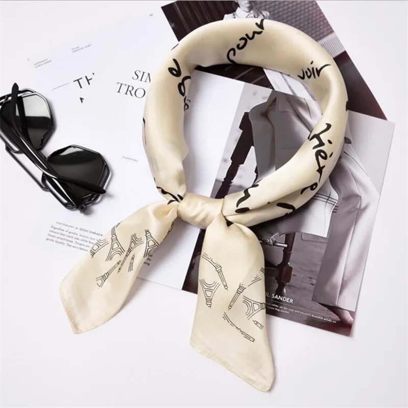

New 70x70cm Women Headbands Polyester Silk Scarf Letter Printed Satin Small Square Wraps Scarves Woman Shawl Neck Tie Girl