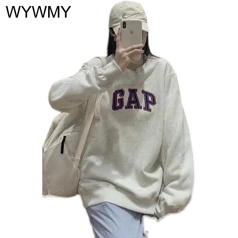 

WYWMY Big Letter Embroidery Cotton Hoodie Women's Sweatshirt Round Neck Loose Casual Couple Long Sleeve T-shirts Bottomed Tops