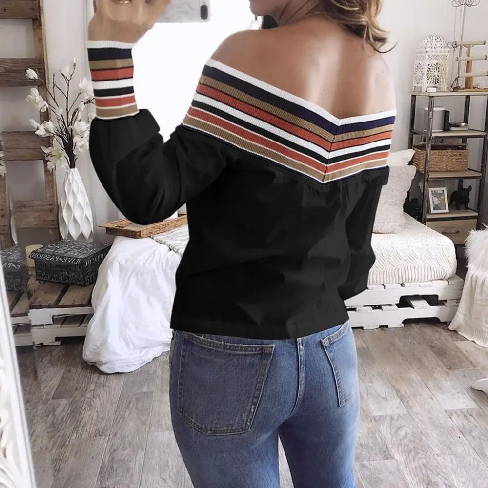 

Autumn Off the Shoulder Long Sleeve Blouse Striped Shirt Women Casual Knitted Patchwork Tops Ladies Sexy Streetwear Blouses Tops