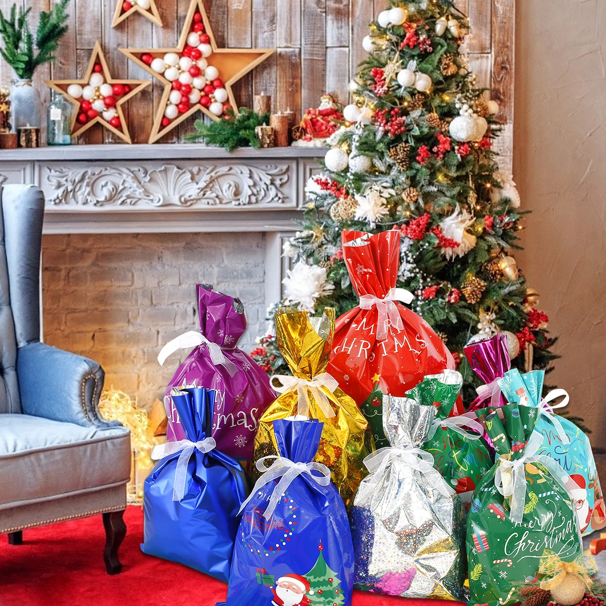 Bolsas de regalo con cord&oacute;n para Navidad, 30 unidades, 10 dise&ntilde;os diferentes, para envolver regalos surtidos, con etiquetas de nombre-0