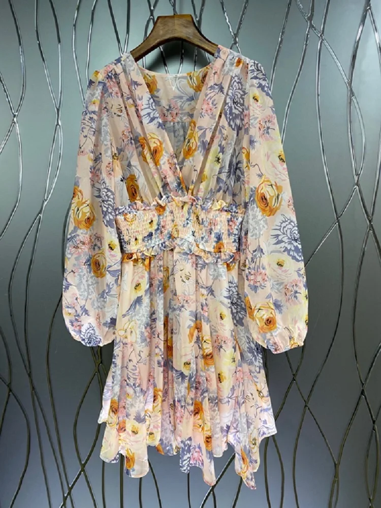 

Sexy V-Neck Dress 2021 Summer Women Elegant Floral Print Elastic Waist Long Sleeve A-Line Casual Party Club Dress Boho Beach