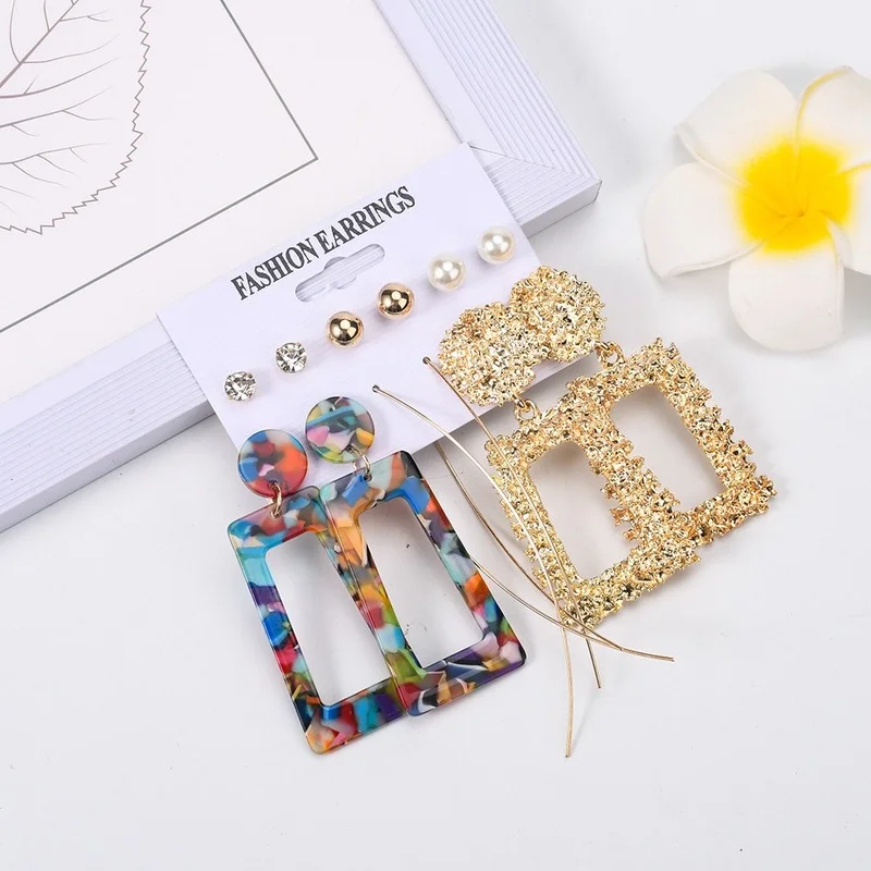 

European and American Exaggerated Geometry Square Earrings Acrylic Cellulose Acetate Sheet Earrings Rhinestone Pearl Earings Set