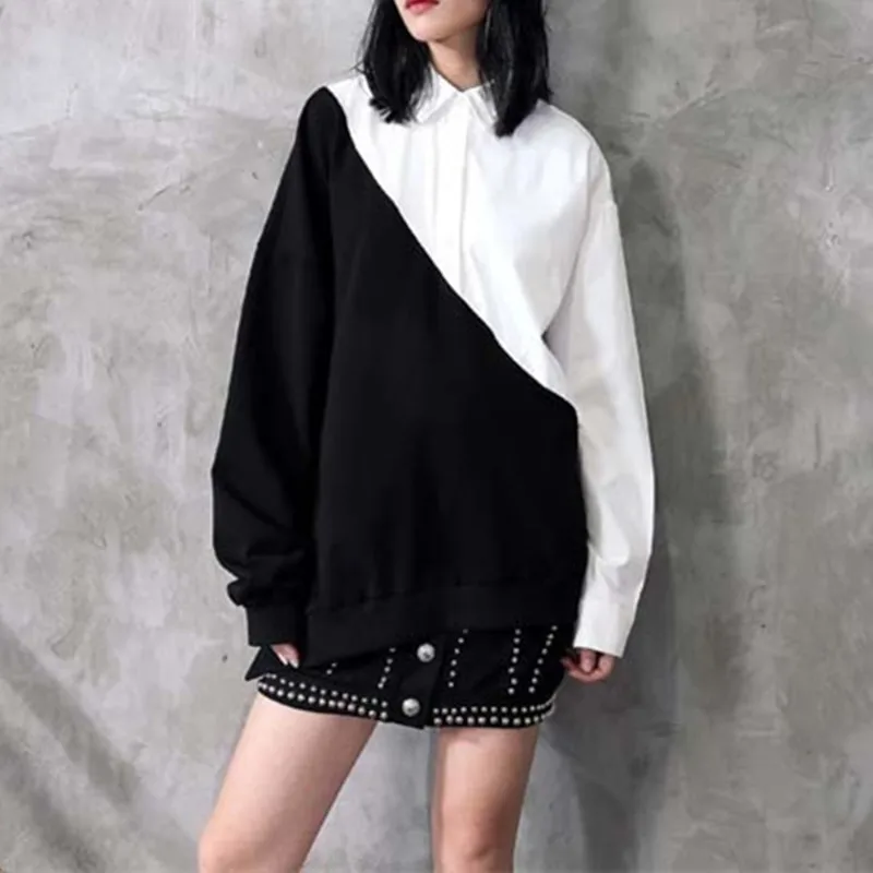 

Женская длинная рубашка с отложным воротником, черно-белая Асимметричная Свободная блузка большого размера, весна 2021