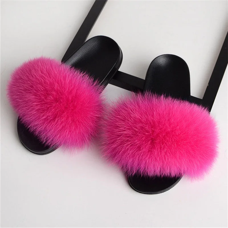 

2019 Winter Real Fox Fur Slides Women's Fur Slippers Indoor Warm Furry Slippers Girls Plush Sandals Women Slides Home Flip Flops