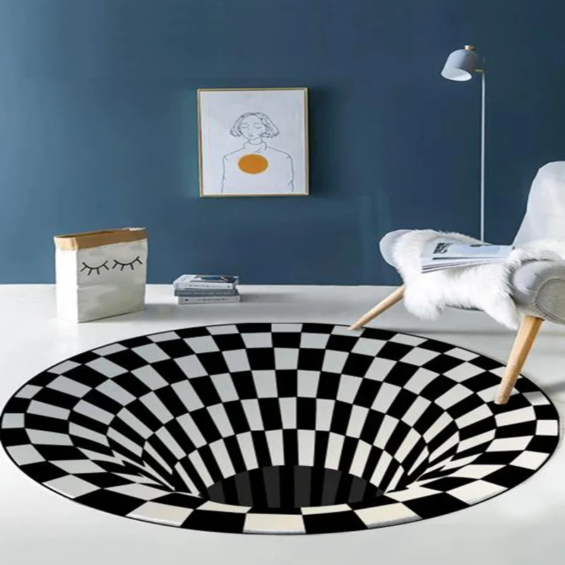 

Black and White Geometric Vision Circular Carpet Living Room Coffee Table Sofa Blanket 3D Illusion Vortex Trap Carpet