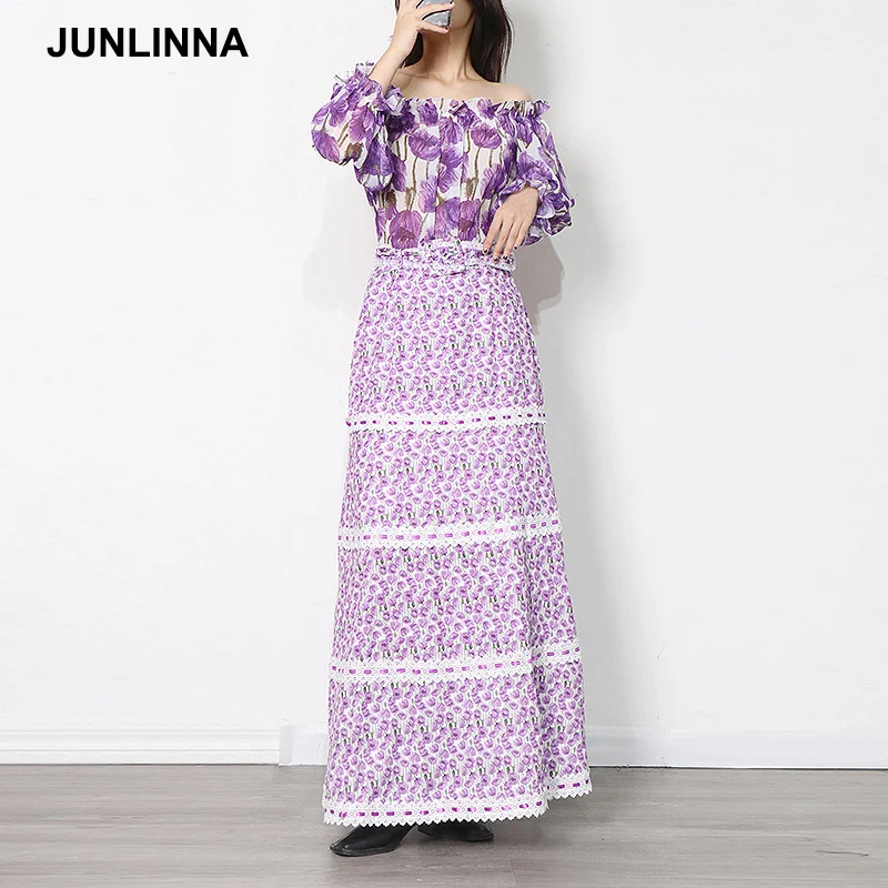 

JUNLINNA Chiffon Fashion Women Tulip Floral Print Two Piece Set 2022 Summer Beach Holiday Slash Neck Top+Long Skirt 2 Pieces