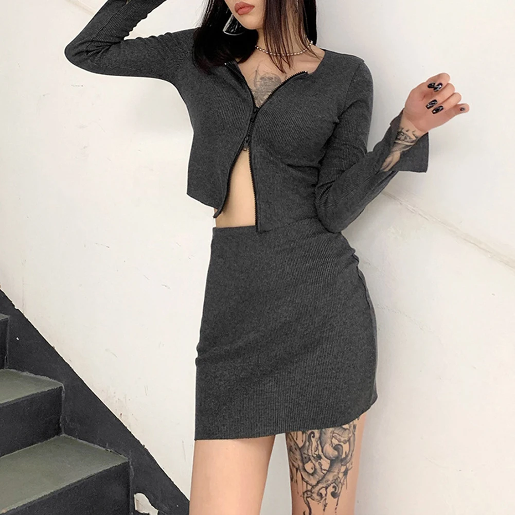 

Dossni женские топы, E-Girl, уютная юбка из эластичного материала, сексуальный двойной свитшот на молнии, подходящий комплект, Клубная одежда, топ...