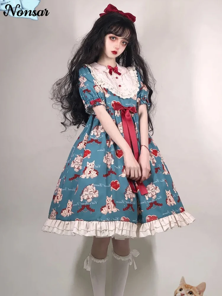 

NONSAR Elegant Cute Lolita Dress Short Sleeve Gray-green Wish Cat Handle Pretty Woman Street Photo Art Style Party Sweet Dress