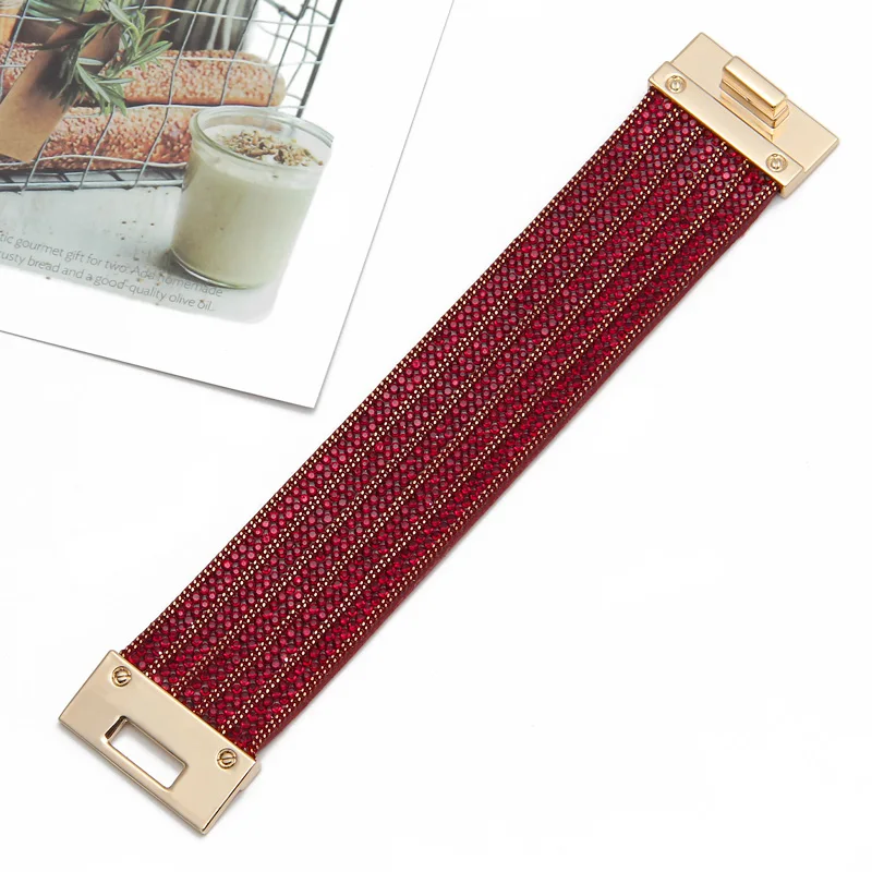 Leather Bracelet for Women Crystal Circle Charm Wrap Bracelets& Bangles Boho Multilayer Wide Crystal Bracelet Female Jewelry