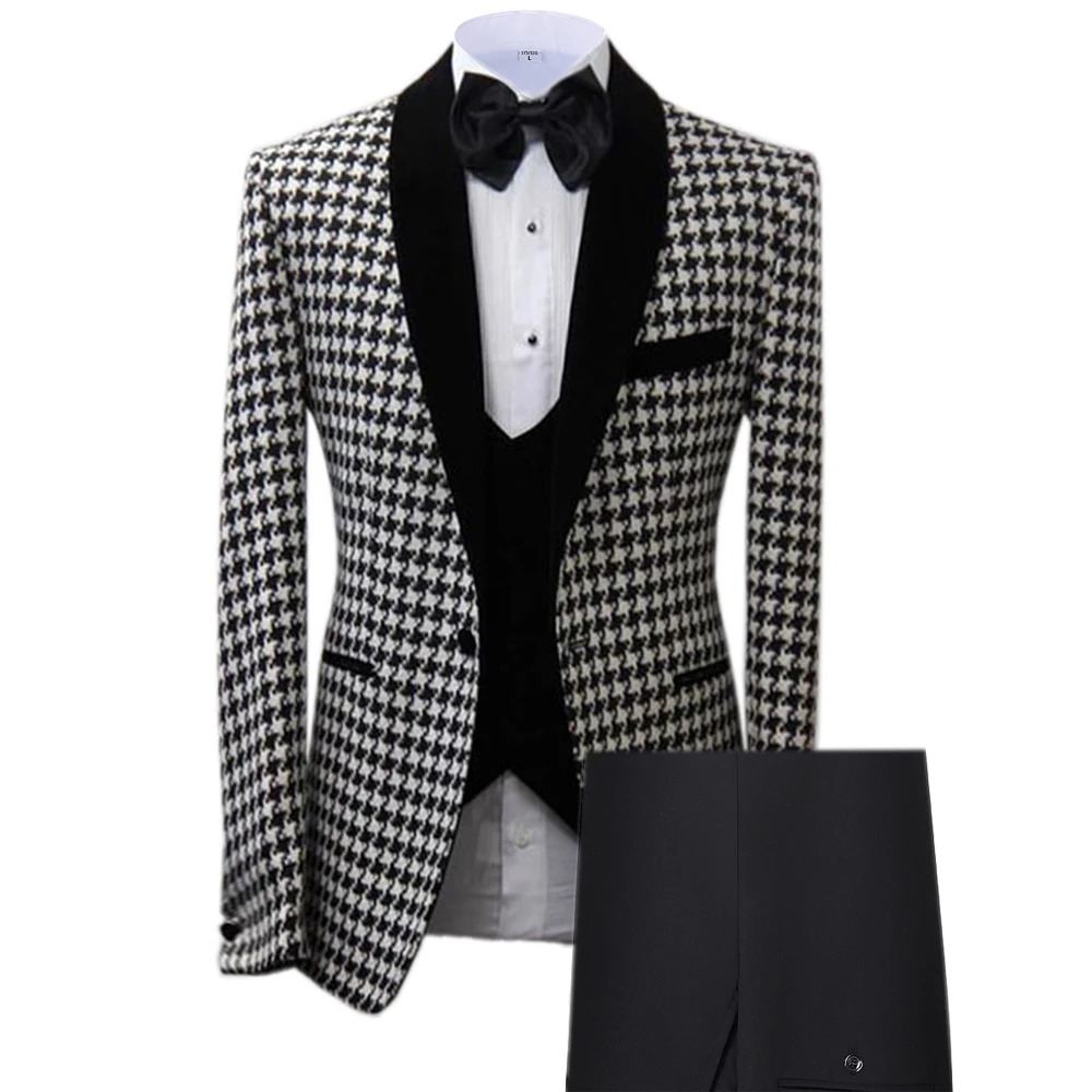 2020 New Men's Suits Prom Tuxedos 3 Piece Houndstooth Plaid Wool Wedding Groom(Blazer+Vest+Pants)