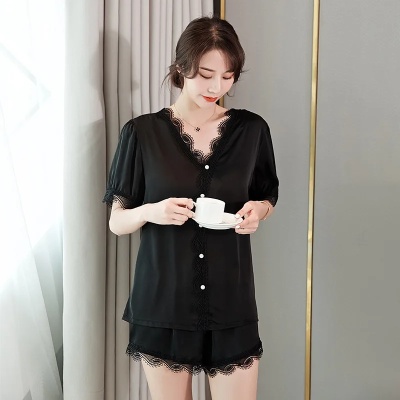 2021 Summer New Women's Pajamas Sets Sexy Lace Edge Breathable V-neck Short Sleeve Shorts Nightwear Suit Home Wear Sleepwear
