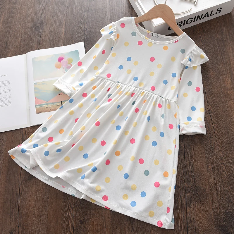 

Детская одежда для девочек, повседневные платья, Детская эксклюзивная одежда с красочным принтом в горошек, осеннее платье с оборками и дли...