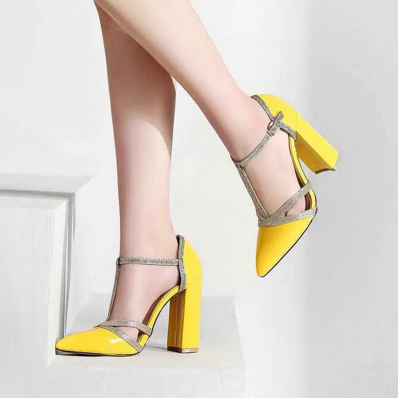 

Туфли женские на высоком квадратном каблуке, заостренный носок, пряжка, T-образный ремешок, вечерняя Обувь, большой размер 43