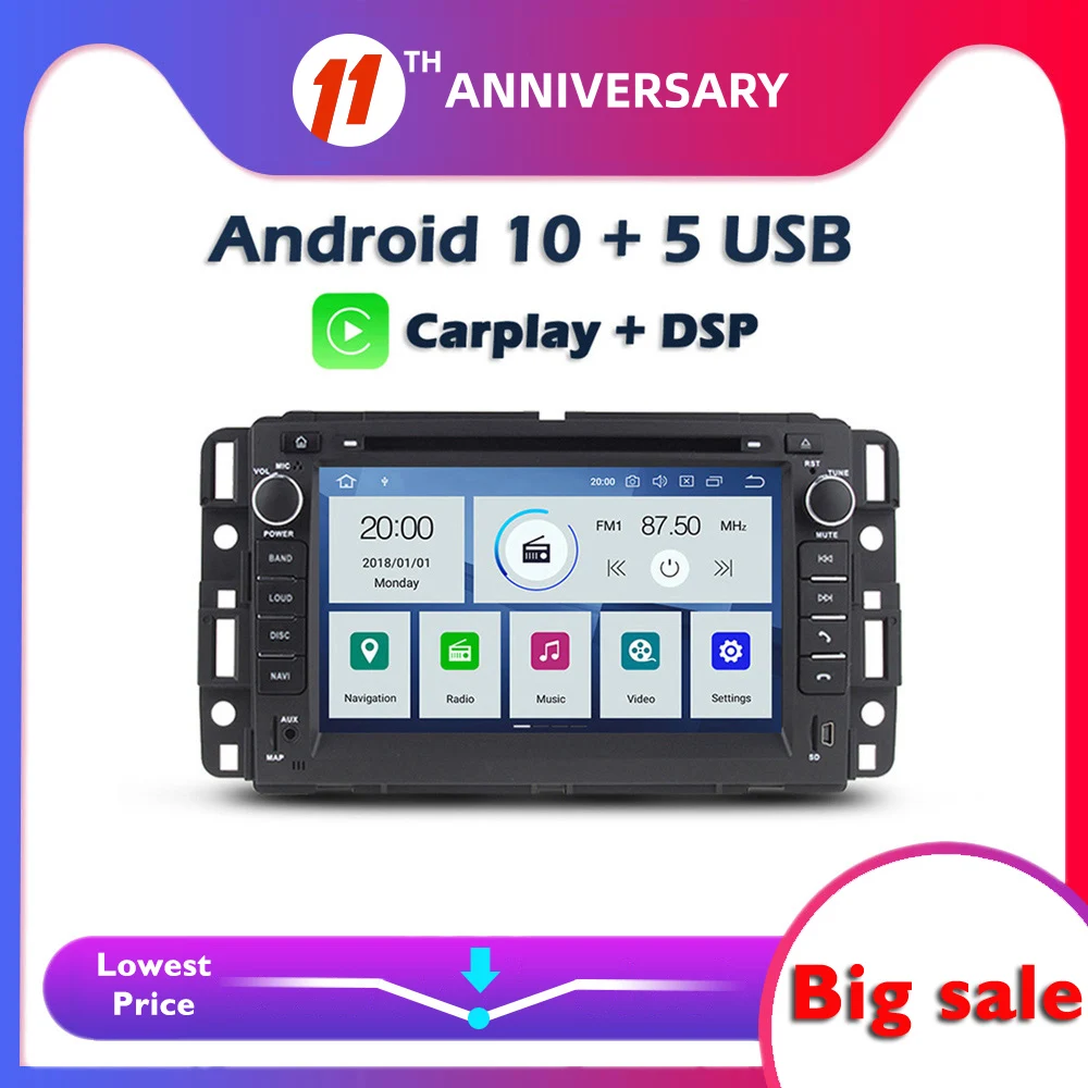 Carplay DSP IPS PX6 Android 10 4G + 64G Bluetooth Wifi RDS радио автомобильный DVD плеер для GMC Chevrolet Tahoe YUKON