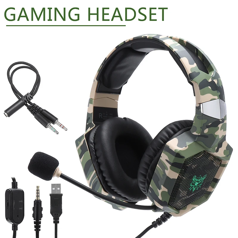 

Pohiks 1 шт. объемный звук стерео наушники камуфляж зеленый Проводная игровая гарнитура с светодиодный светильник для PS4 pc Xbox One
