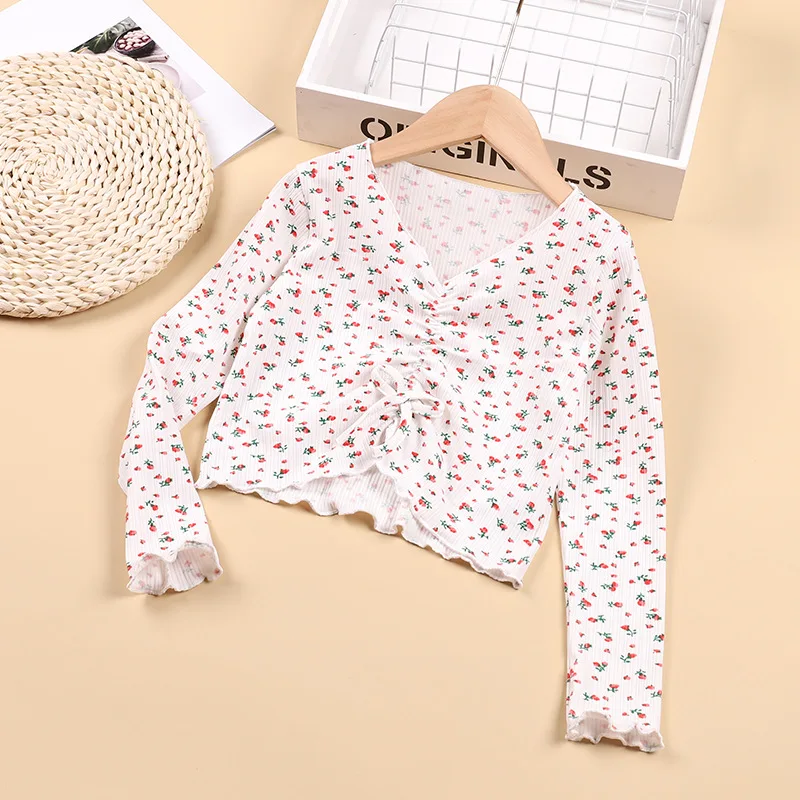 

Girls Floral v-Neck Long-Sleeved t-Shirt 2021 Spring And Summer New Style Fungus Lace Pastoral Style Lace Top Baby Girls Clothes